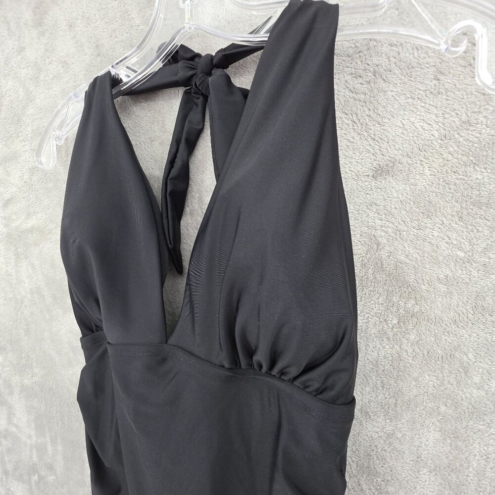 DKNY 1 Piece Swimsuit L Black Halter Ruched Tummy Control Beach Pool Vacay Solid - Picture 4 of 11